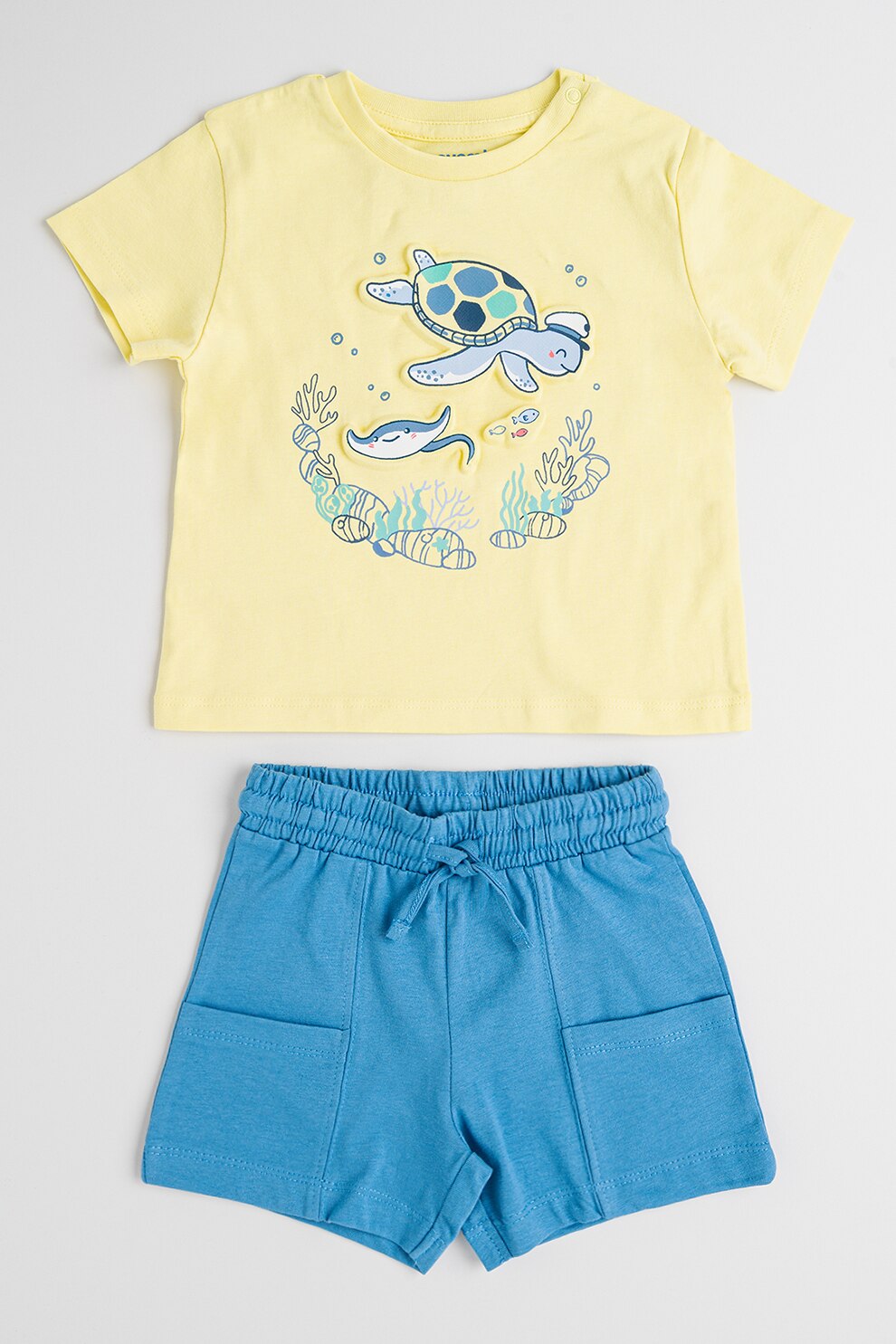 Mayoral, Set de tricou cu imprimeu si pantaloni scurti - 2 Piese, Albastru pastel, Galben pal, 80 CM