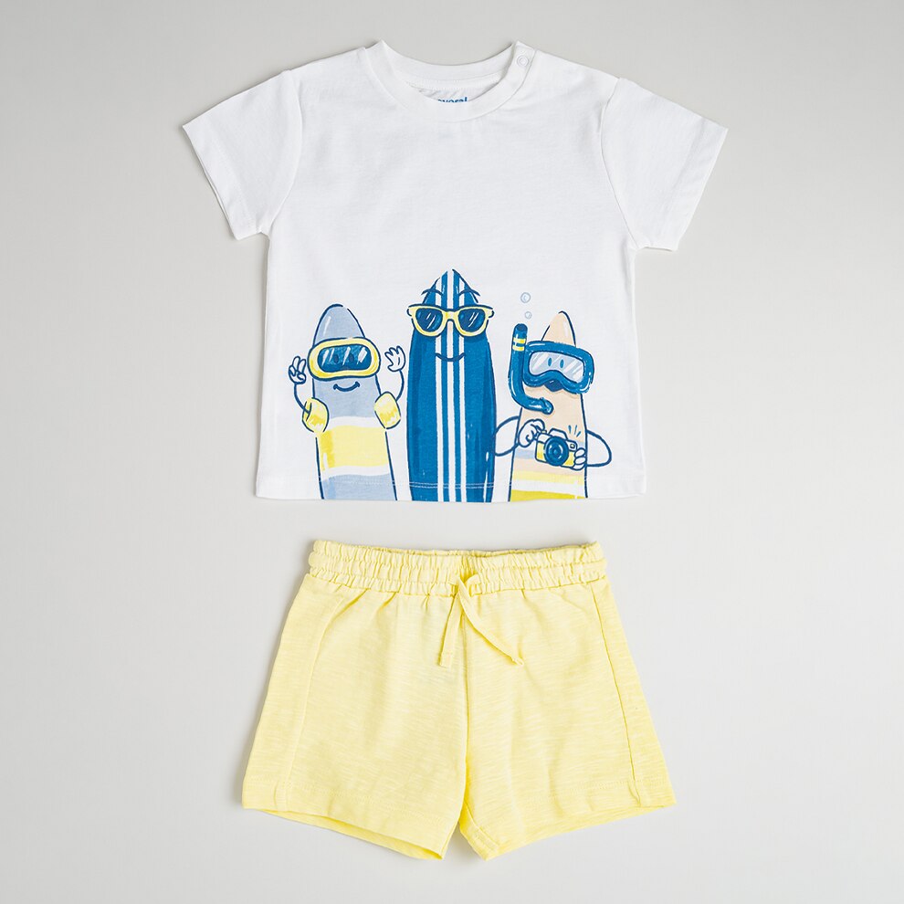 Mayoral, Set de tricou cu pantaloni din bumbac, Galben, Albastru inchis, Bej, 80 CM