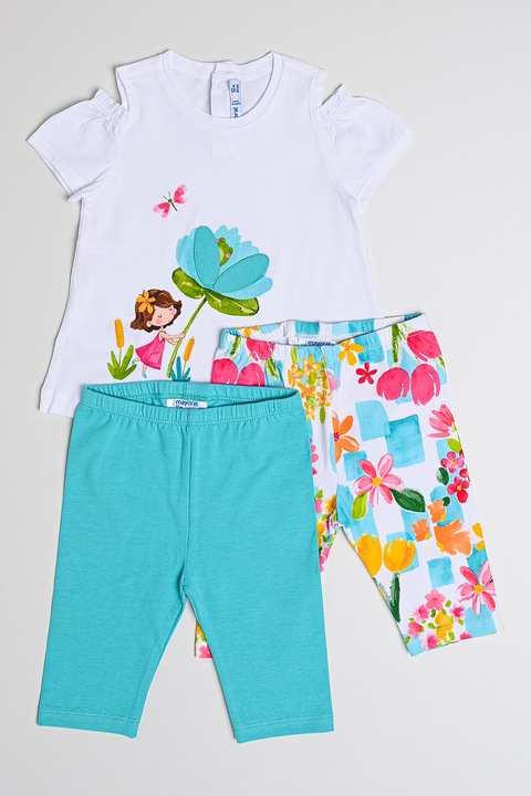 Mayoral, Set de tricou cu imprimeu si colanti - 3 piese, Turcoaz/Alb optic