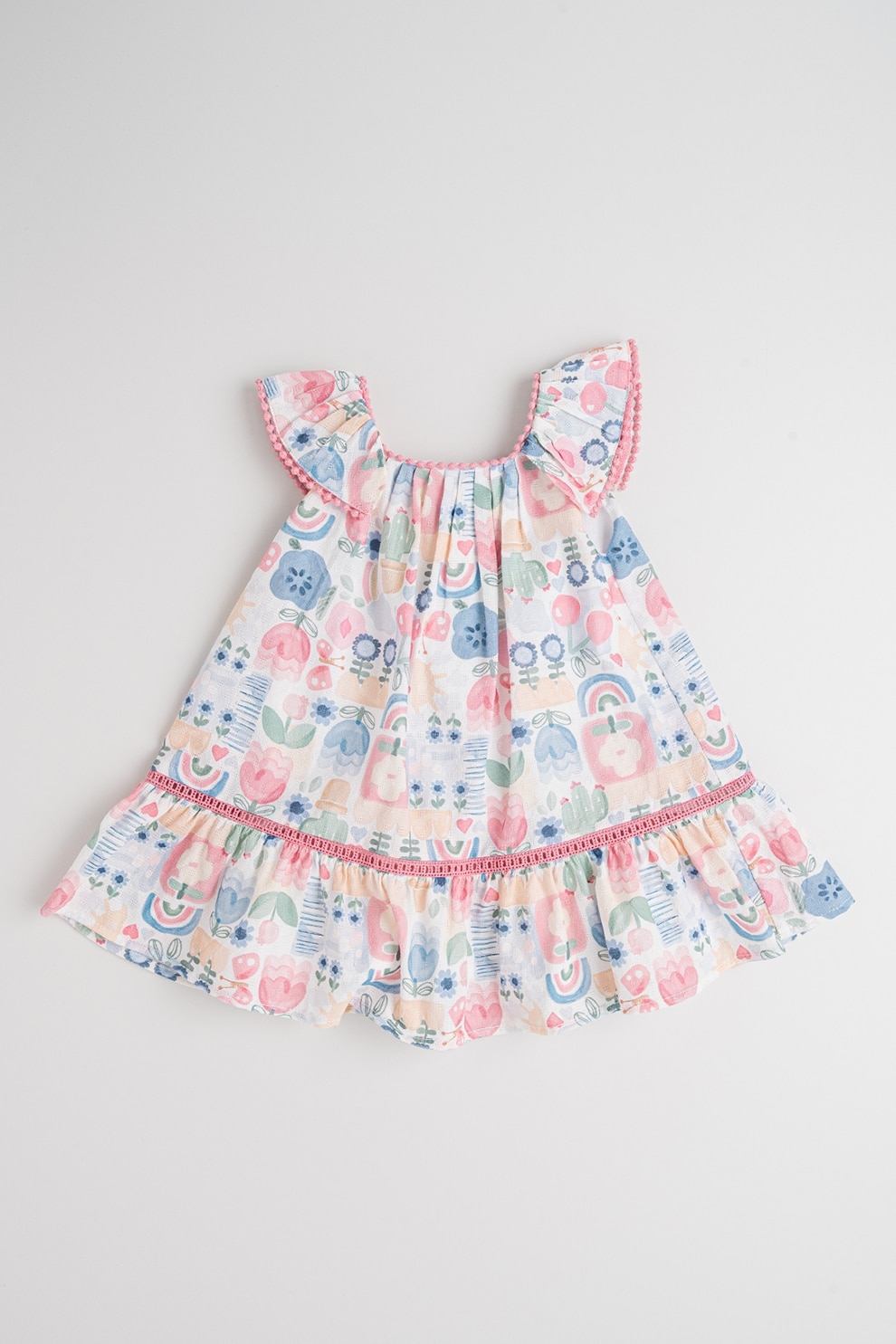 Mayoral, Rochie evazata cu model floral, Alb, Roz deschis, Albastru deschis, 92 CM