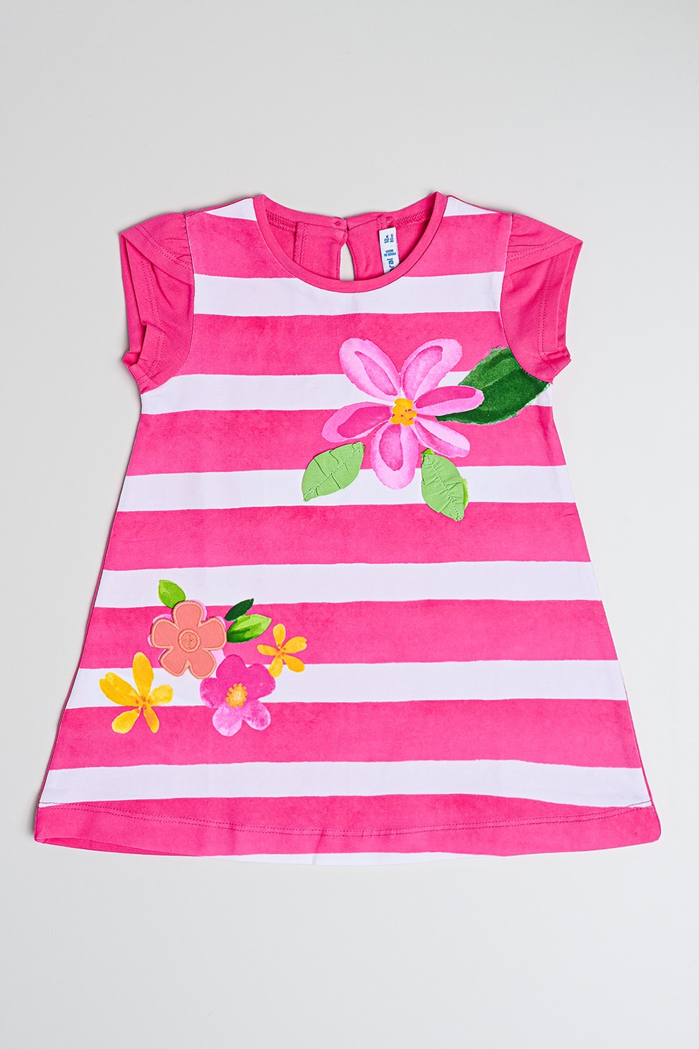 Mayoral, Rochie scurta cu croiala in A, imprimeu in dungi si model floral, Alb, Verde, Roz pastel, 80 CM