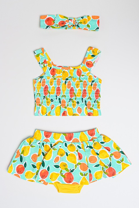 Mayoral, Set de fusta din amestec de bumbac, top si bentita - 3 piese, Portocaliu/Galben pai/Albastru deschis