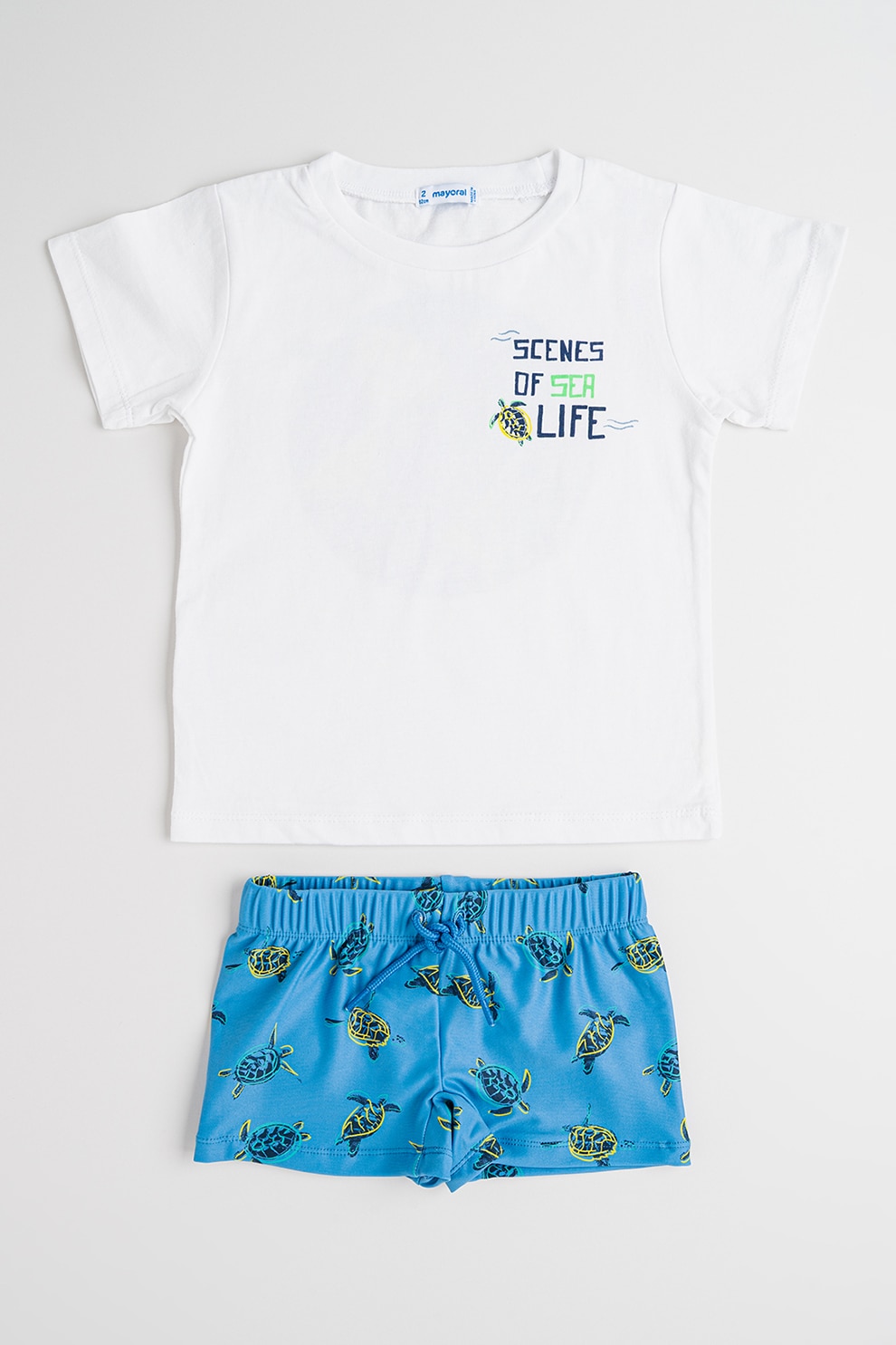 Mayoral, Set de tricou din amestec de bumbac si pantaloni scurti - 3 piese, Galben, Alb optic, Albastru deschis, 128 CM