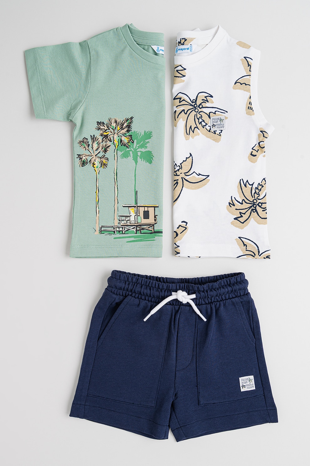 Mayoral, Set de tricou cu decolteu la baza gatului si pantaloni scurt - 2 piese, Verde, Bej, Bleumarin, 134 CM