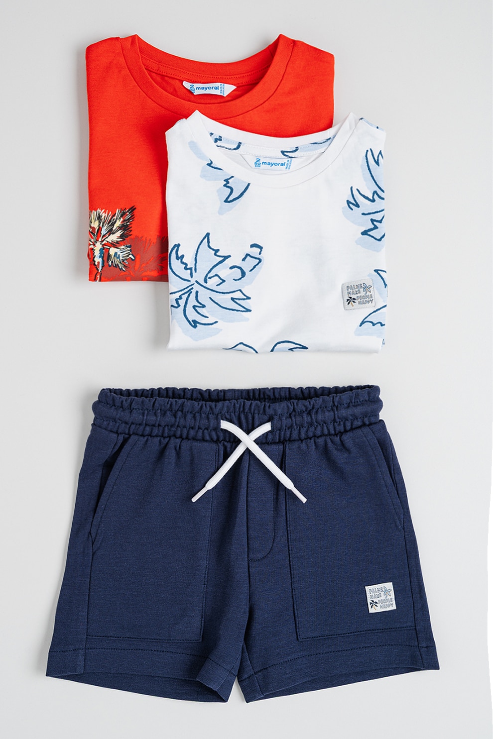 Mayoral, Set de tricou cu decolteu la baza gatului si pantaloni scurt - 2 piese, Portocaliu mandarina, Alb murdar, Bleumarin, 122 CM