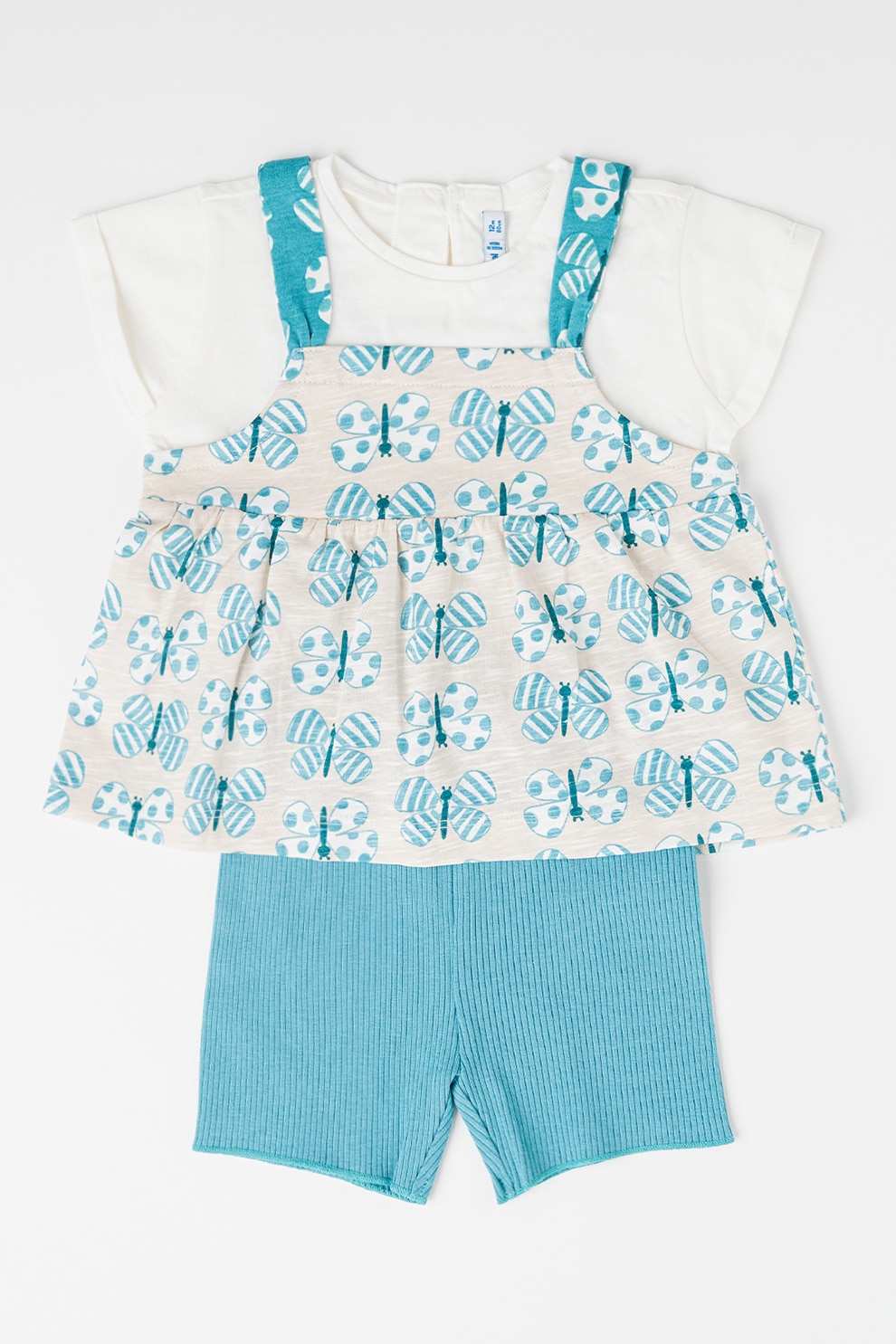 Mayoral, Set de tricou de bumbac si pantaloni scurti cu imprimeu grafic, Alb, Verde, Bej, 80 CM