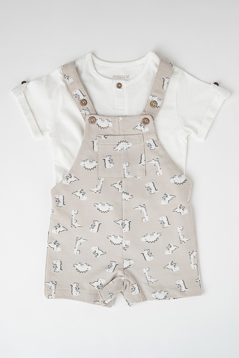 Mayoral, Set de tricou si salopeta cu imprimeu, Alb/Gri
