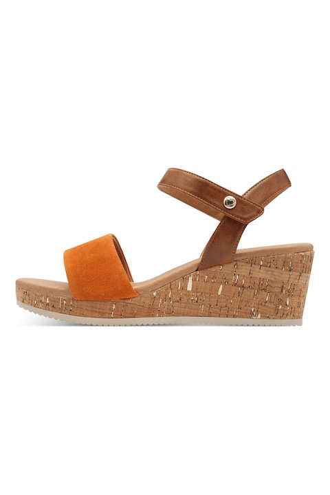 Marco Tozzi, Sandale wedge din piele si piele ecologica, Maro/Portocaliu persan
