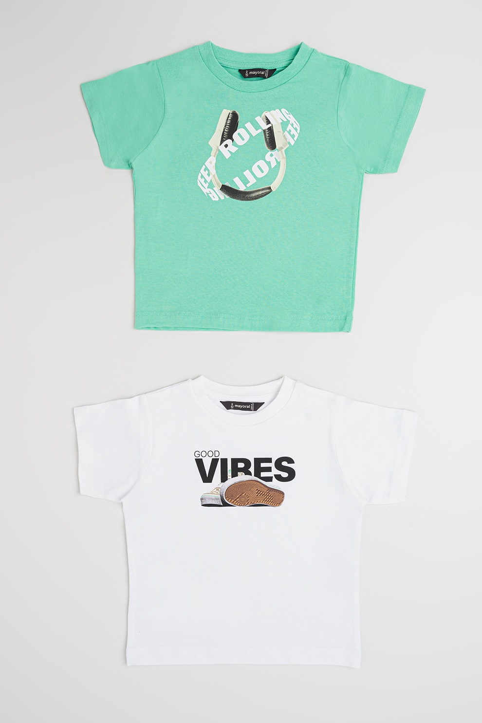 Mayoral, Set de tricouri de bumbac - 2 piese, Alb, Verde deschis, 140 CM