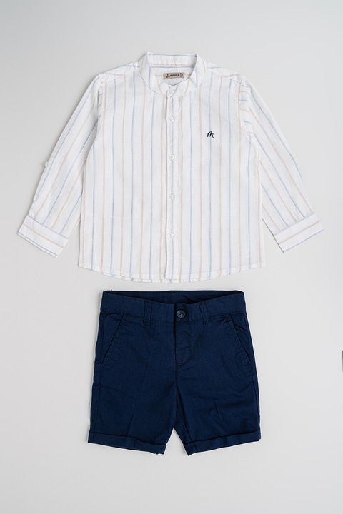 Mayoral, Set de pantaloni scurti si camasa cu model in dungi - 2 piese, Albastru ultramarin/Maro nisip/Alb murdar