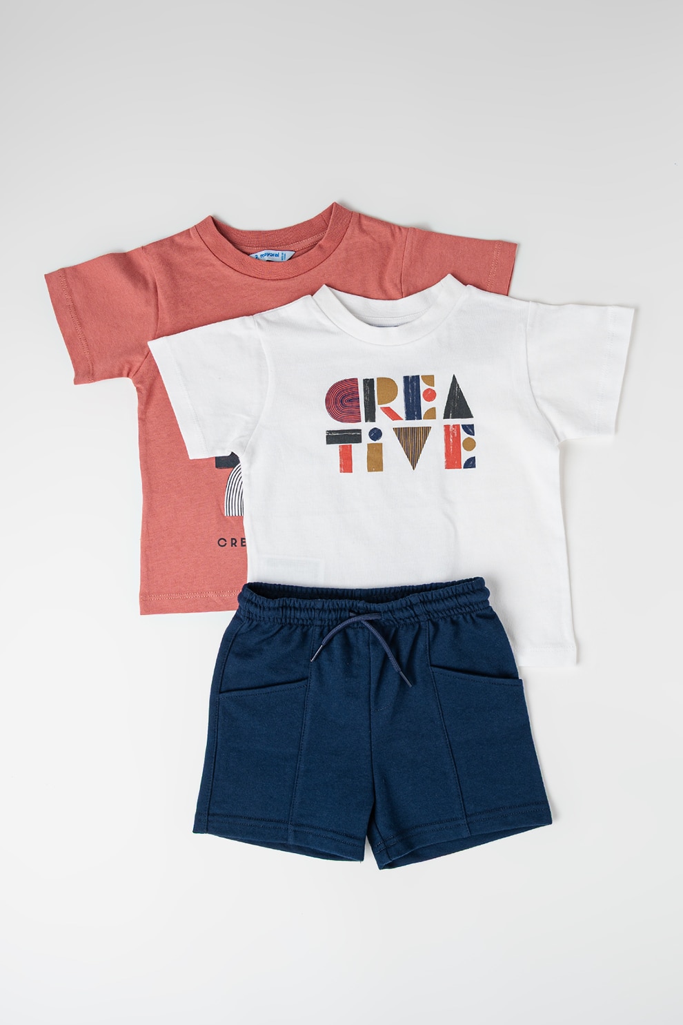 Mayoral, Set de tricou cu imprimeu si pantaloni scurti, Alb, Roz prafuit, Bleumarin, 140 CM