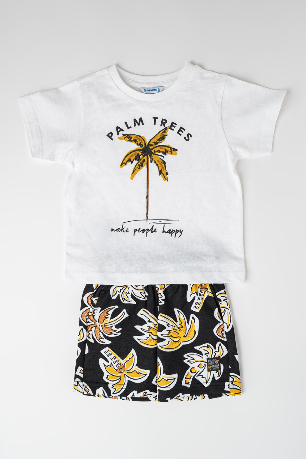 Mayoral, Set de tricou cu imprimeu si pantaloni scurti, Alb, Negru, Galben, 122 CM