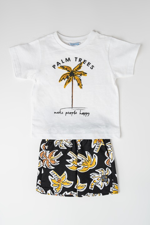 Mayoral, Set de tricou cu imprimeu si pantaloni scurti, Alb/Negru/Galben