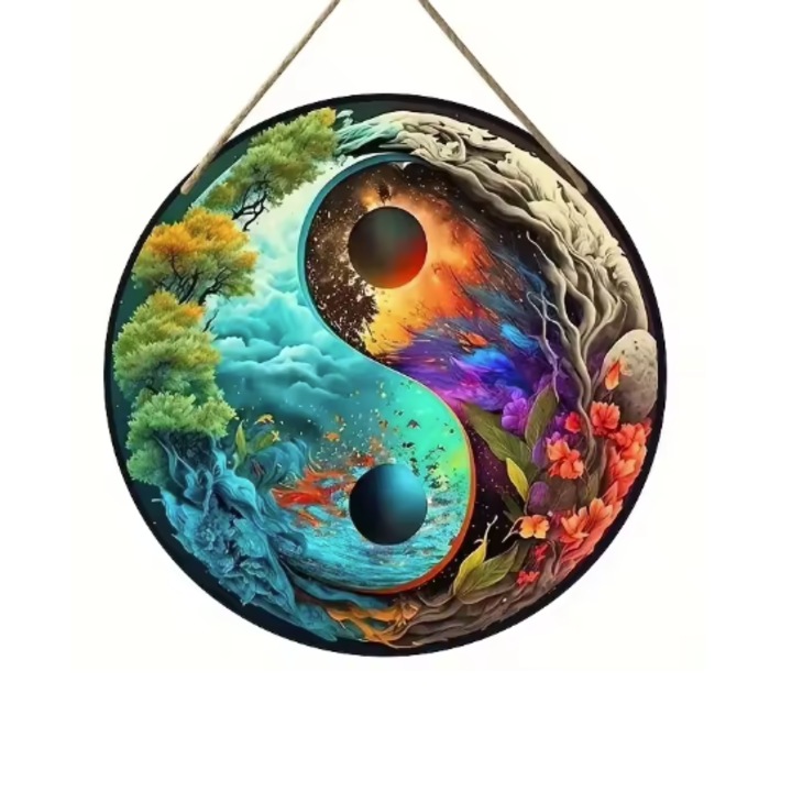 Yin Yang dekoráció, VeliumCraft, 30x30 cm, Zen stílusú, fa, falra, natúr