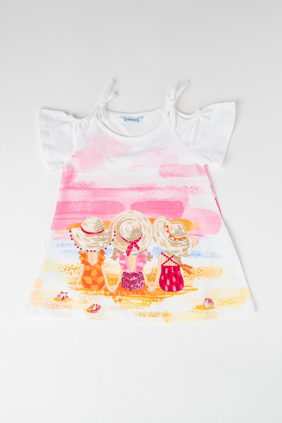 Mayoral, Rochie cu model si funda, Alb, Roz, 122 CM