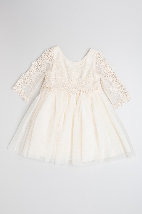 Abel & Lula, Rochie cu broderii florale si maneca lunga, Alb fildes, 122 CM