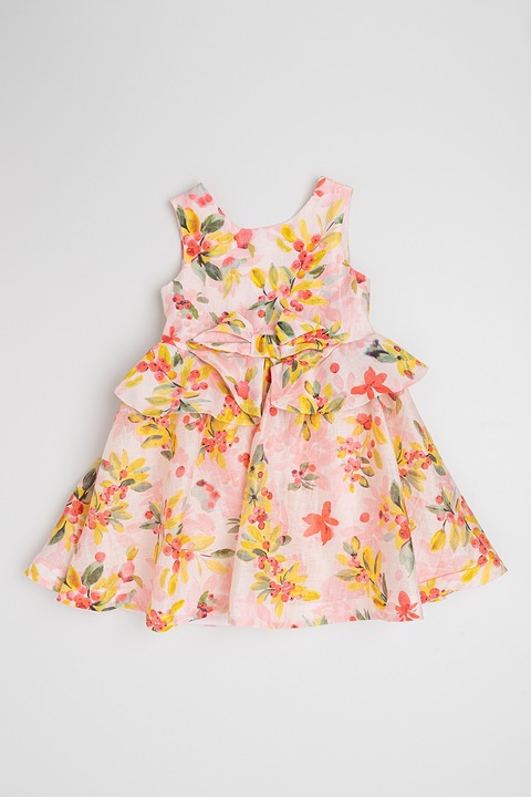 Abel & Lula, Rochie cu model floral si funda, Verde/Galben/Roz pastel