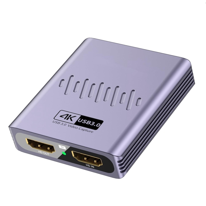 Placa de captura Video USB 3.0 HDMI cu microfon Intrare 4K, Iesire 1080p 60FPS, Loop-Out, Ideal pentru Streaming Jocuri, PS5, Switch, Camera, PC, OBS Plug and Play, Compatibilitate multipla, RiKbo®