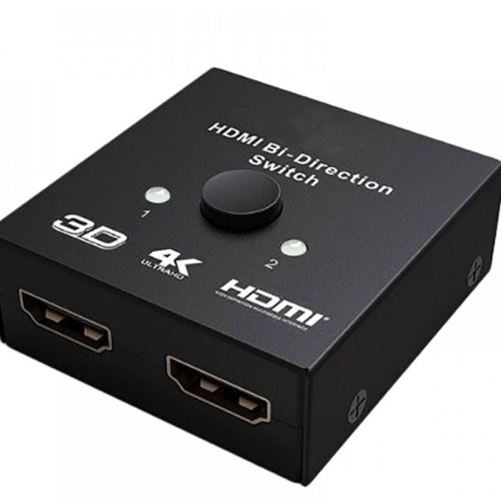 4K Ultra HD HDMI превключвател, 2x1 превключвател или 1x2 сплитер, двупосочен, с 2 порта за висококачествен видео и аудио трансфер, съвместим с телевизори, конзоли и лаптопи, компактен и лесен за използване, черен цвят
