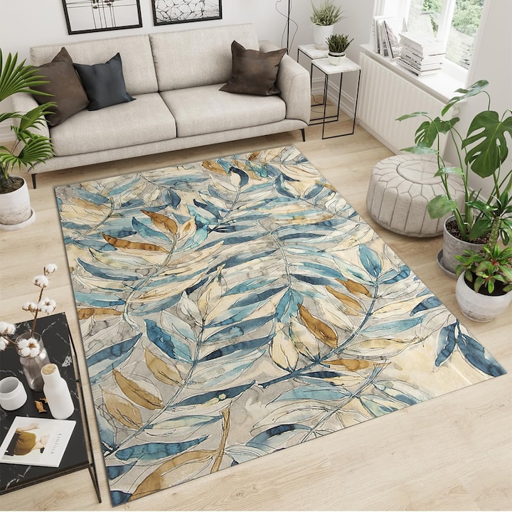 Ккилим с 3D дигитален принт, абстрактен дизайн, 100% полиестер, размери 160х230 см, сини/кремави нюанси, противоплъзгащ гръб, модерен стил, топлина и комфорт за всекидневна, спалня или коридор