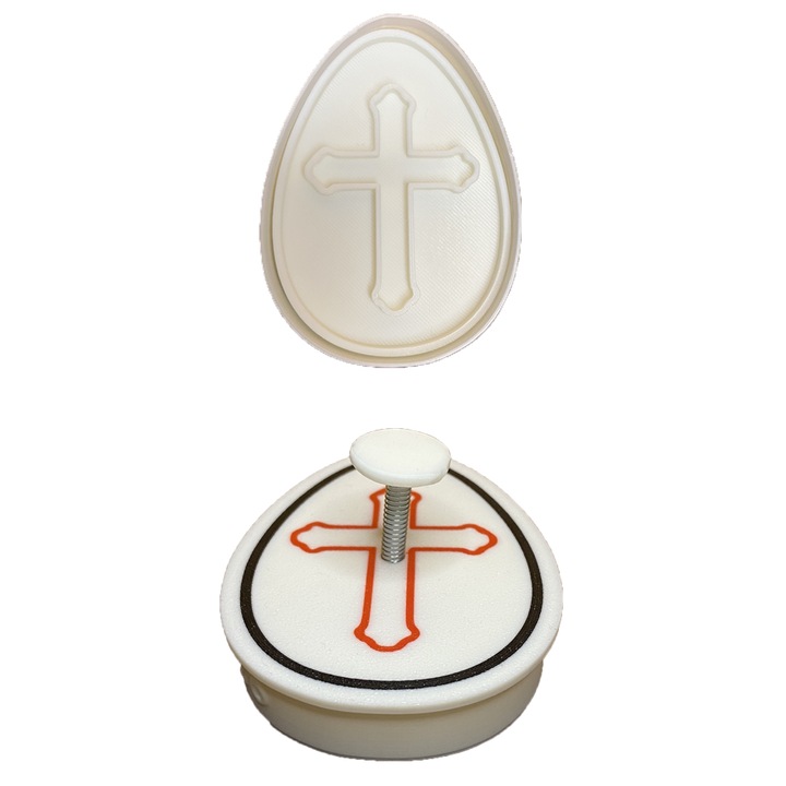 CookieStamp pentru biscuiti, fursecuri, prajituri, fondant, lut, plastilina, forma Ou Cruce, plastic Alb, 88x66x16 mm