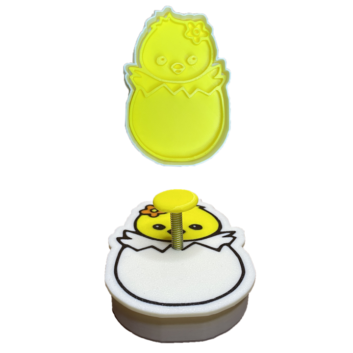 CookieStamp pentru biscuiti, fursecuri, prajituri, fondant, lut, plastilina, forma Ou cu Pui, plastic Galben, 89x62x16 mm