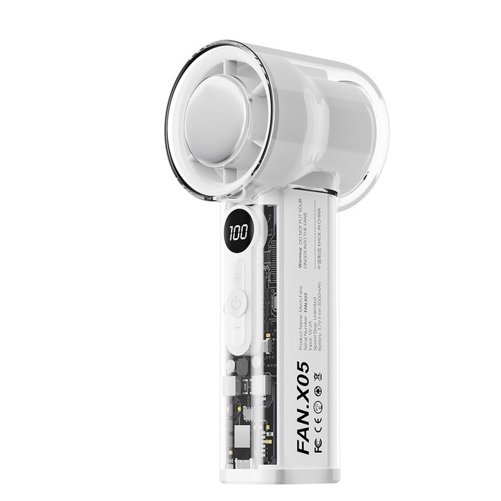 X05 Преносим външен високоскоростен вентилатор със студена компресия, прозрачен стил Cool Mecha, въздушен охладител, леден ефект, 5 скорости на вятъра, цифров дисплей, 3000 mAh дълъг живот, бързо зареждане TYPE-C, с кабел, бял
