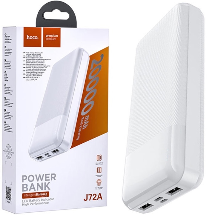 Power Bank Hoco J72A, Baterie 20.000mAh, 2 x USB, Indicator LED, Alb