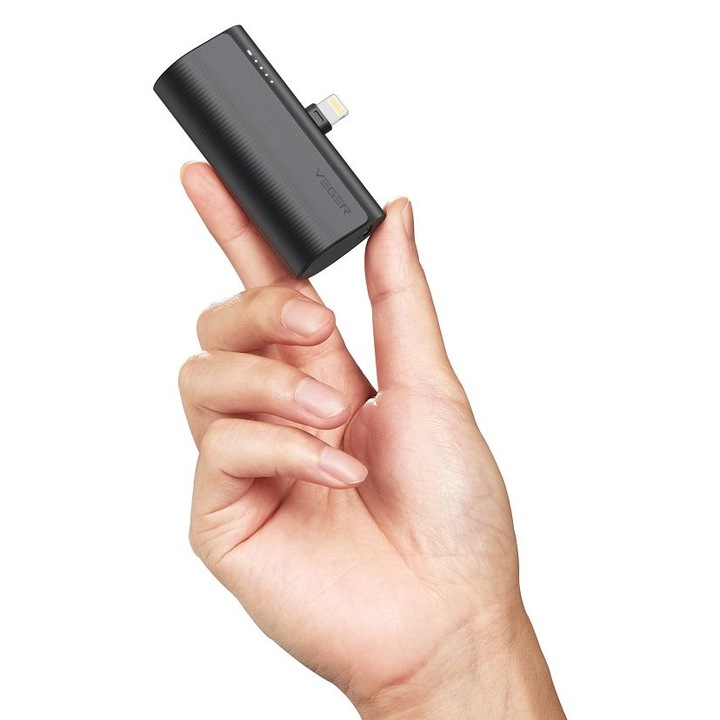 Baterie Externa 5000 mAh pentru iPhone 14/13/12, Conector Lightning incorporat, PD, QC 3.0, 3A, 20W, Negru mat