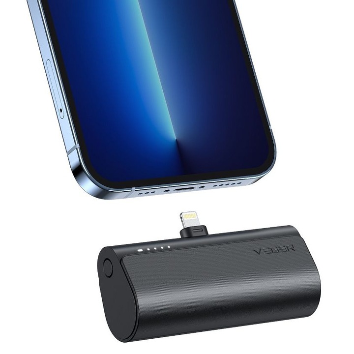 Baterie Externa 5000 mAh pentru iPhone 14/13/12, Conector Lightning incorporat, PD, QC 3.0, 3A, 20W, Negru mat