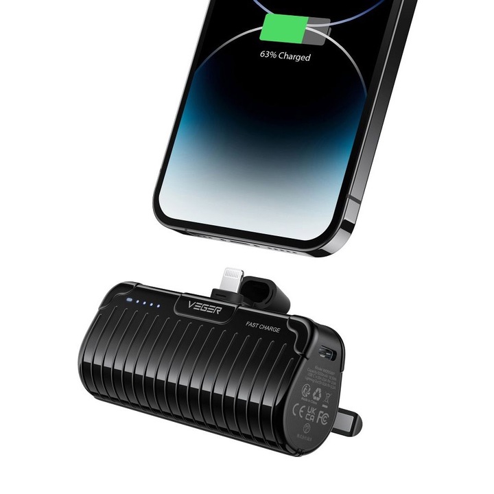 Външна батерия 5000 mAh за iPhone 14/13/12, вграден Lightning конектор, индикатор, PD, QC 3.0, 3A, 20W, черна