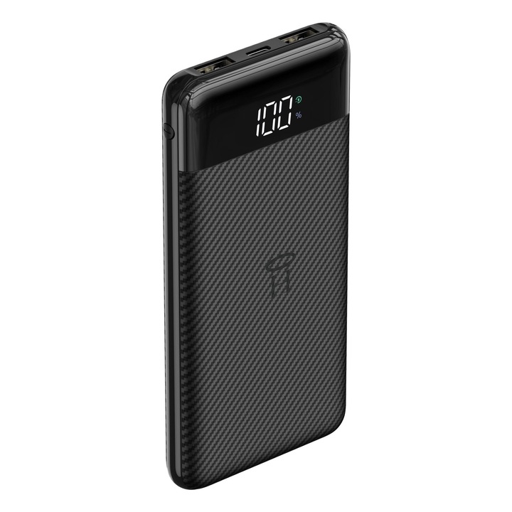 Baterie Externa 10.000 mAh, Display indicator, Porturi 2xUSB, USB-C, microUSB, Negru