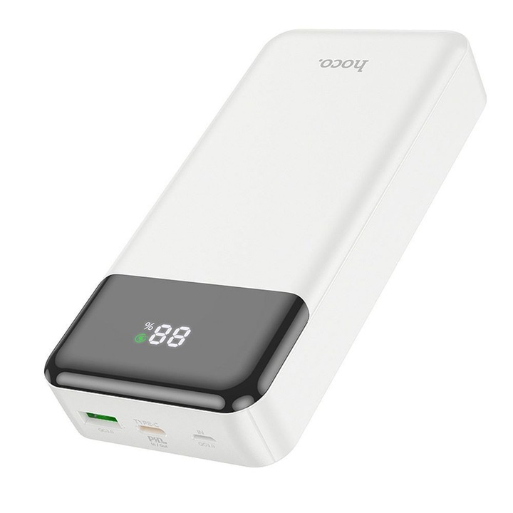 Külső akkumulátor 20 000 mAh, gyorstöltés, PD QC 3.0, 3A, 20 W, USB és Type-C, fehér