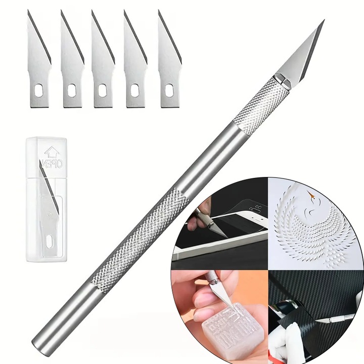 Cutter Metalic Argintiu CCmax de Precizie tip Bisturiu pentru Folie, Sticker, Origami, Activitati de Bricolaj cu 5 Lame de Rezerva