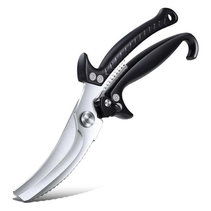 Foarfeca bucatarie, MunDeir, din otel inoxidabil, cu margini zimtate, multifunctionala, negru