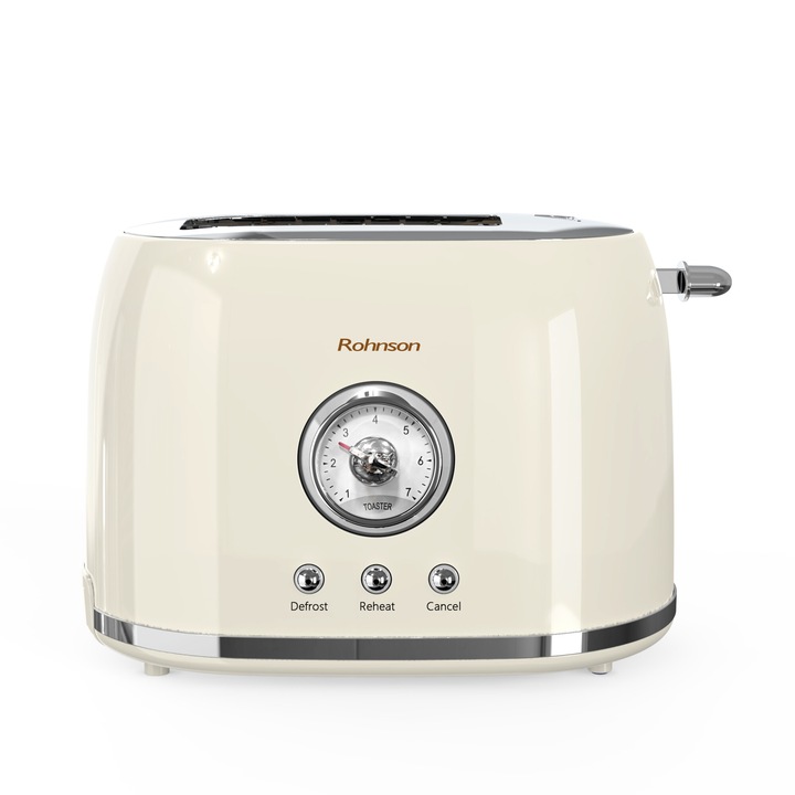 Toaster Rohnson R2210 Nostalgia, 800W, 2 sloturi, 7 trepte, dezghetare, incalzire, centrare, anulare, ejectare automata, tava firimituri, oprire automata, protectie la supraincalzire, depozitare cablu, culoare crem