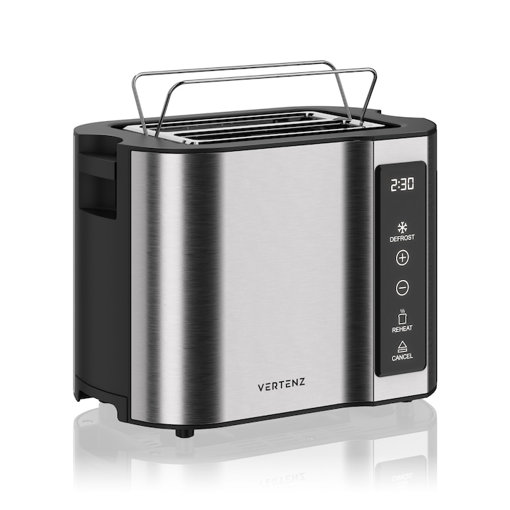 Тостер за хляб Vertenz Crispy 50, 800W, 6 степени на регулиране на мощността, функция за подгряване и размразяване, LCD дисплей, Държач за кифлички, сребърен