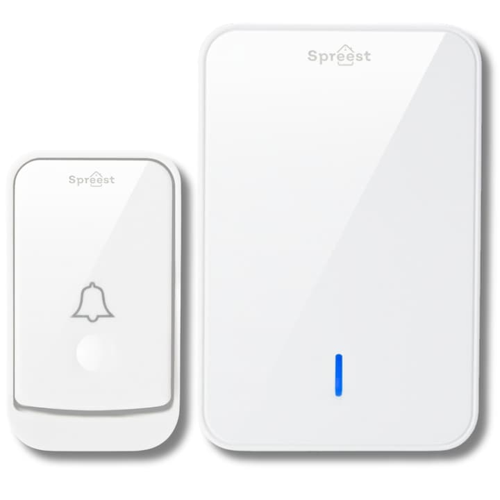 Sonerie fara fir/ wireless Spreest® Q489-WW, pentru usa/ poarta, exterior, digitala, electrica, cu baterii, rezistenta la apa IP44, 48 melodii, volum reglabil, raza 300m, 1 emitator + 1 receptor, alb