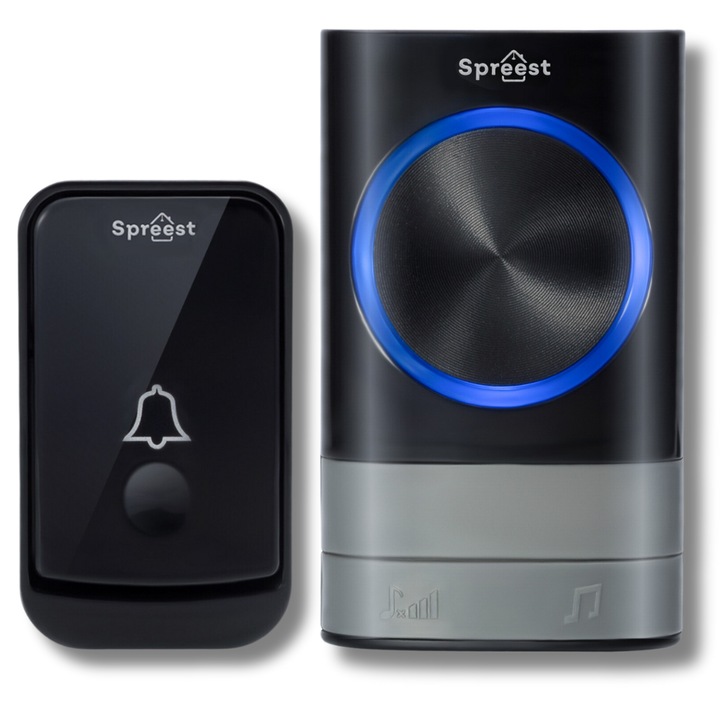 Sonerie fara fir/ wireless Spreest® Q189-BB, pentru usa/ poarta, exterior, digitala, electrica, rezistenta la apa IP44, distanta 200m, 52 melodii, volum reglabil 4 trepte, 1 transmitator + 1 receptor, negru