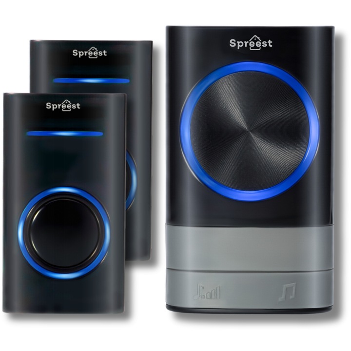 Sonerie fara fir/ wireless Spreest® M488-BS, digitala, electrica, pentru usa/ poarta, exterior, IP44 rezistenta la apa, 60 melodii, volum reglabil 4 trepte, raza 300 m, 1 transmitator + 1 receptor, negru