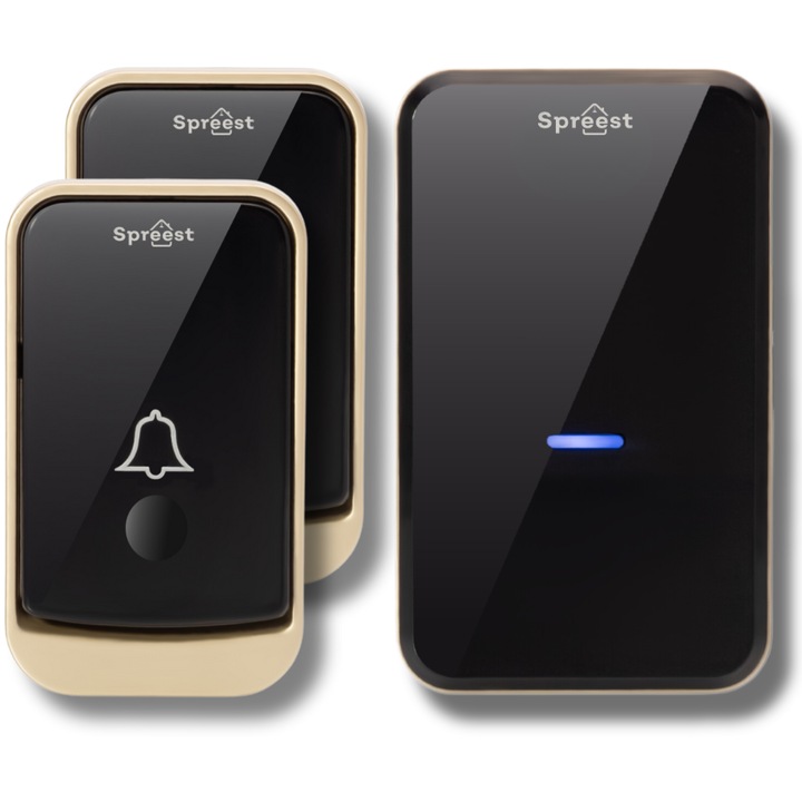 Sonerie fara fir wireless Spreest® 2Q192-BG, 2 emitatoare + 1 receptor, exterior, digitala, electrica, rezistenta la apa IP44, distanta 300m, 45 melodii, volum reglabil, montaj usor, auriu-negru