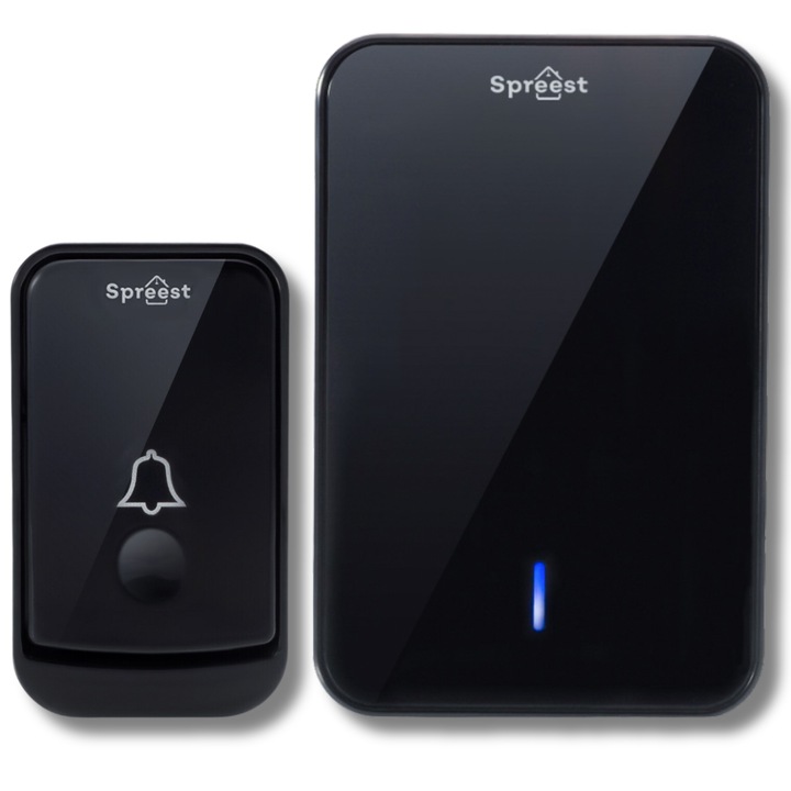 Sonerie fara fir/ wireless Spreest® Q489-BB, digitala, electrica, 1 transmitator + 1 receptor, raza 300m, rezistenta la apa IP44, 48 melodii, volum reglabil 4 trepte, LED semnalizare, pentru usa/poarta, negru