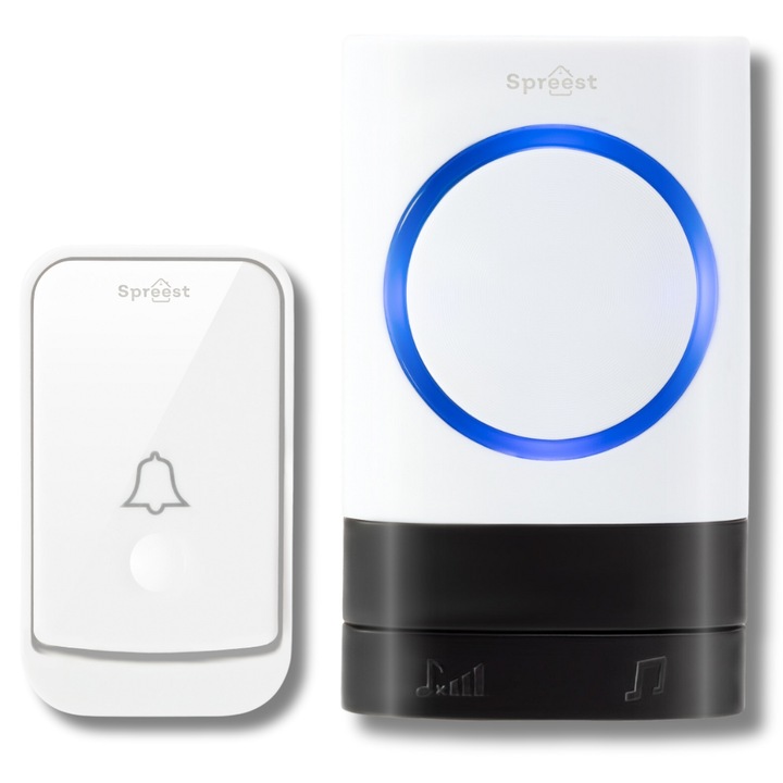 Sonerie fara fir/ wireless Spreest® Q189-WW, pentru usa/ poarta, exterior, digitala, electrica, 52 melodii, volum reglabil 4 trepte, rezistenta la apa IP44, raza 200m, 1 emitator + 1 receptor, alb