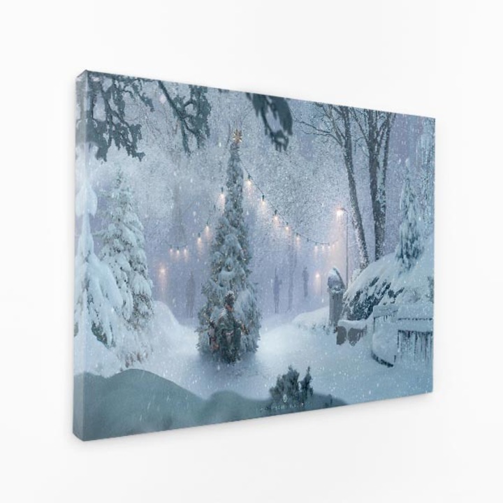 Картина на платно - Коледа в сняг, зимни светлини, дърво - 120x80 см
