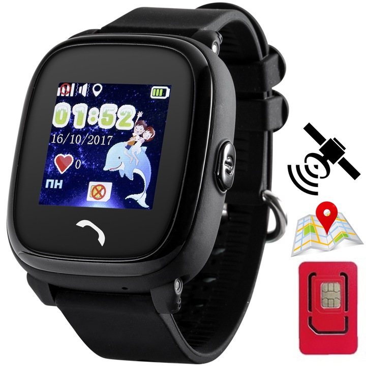 Детски GPS смарт часовник с местоположение и телефон Techone® WonderWatch, IP67 водоустойчив, телефон, SOS бутон, шпионско наблюдение, история на местоположението, текстови чат, черен