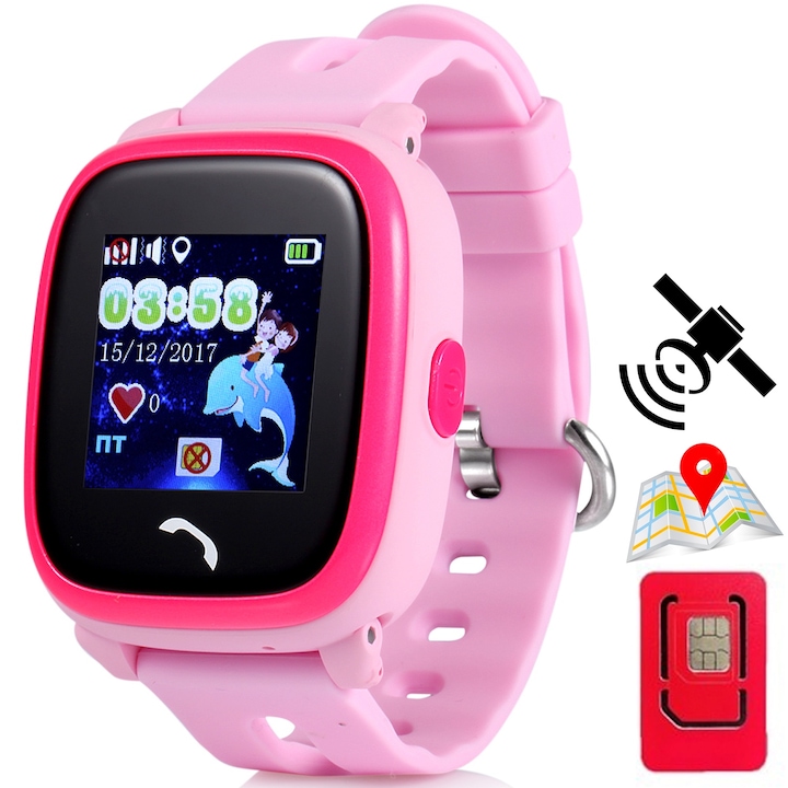 Детски GPS смарт часовник с местоположение и телефон Techone® WonderWatch, IP67 водоустойчив, телефон, SOS бутон, шпионско наблюдение, история на местоположението, текстови чат, розов