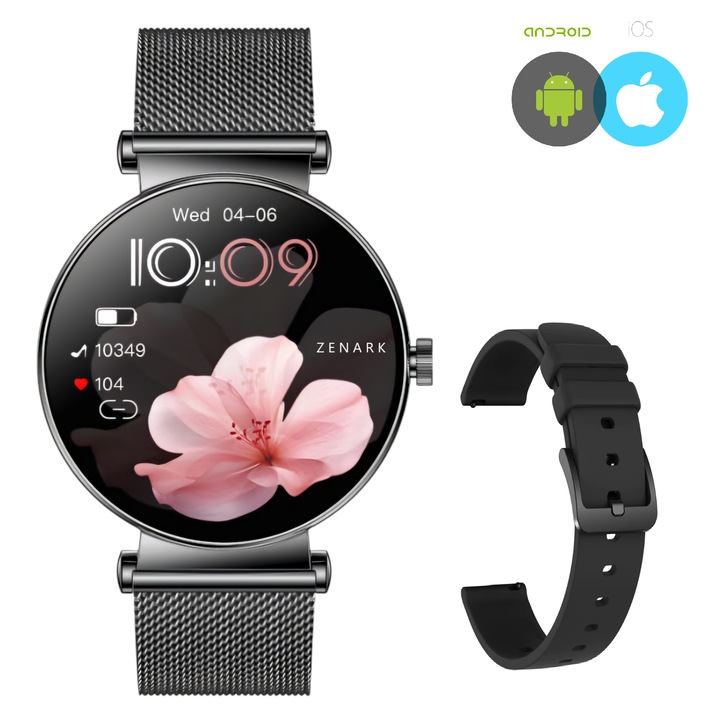 Смарт часовник ZENARK® OVO 10 PRO, Дамски, 2 гривни, 1,32 инча Super AMOLED 466x466 Ultra HD 4K екран, Известия/Обаждания/SMS/Социални медии, Спорт, Сън, Сърдечен ритъм, Кръвно налягане, Кислород в кръвта, IP67 Водоустойчивост, Bluetooth, Черен