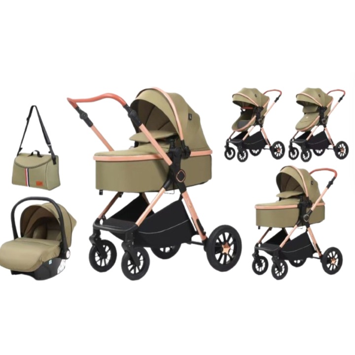 Детска количка, 3 в 1, с двойно окачване и реверсивна кошница, 0-36 месеца, двоен опорен елемент, реверсивна дръжка, Lux-T5, зелена