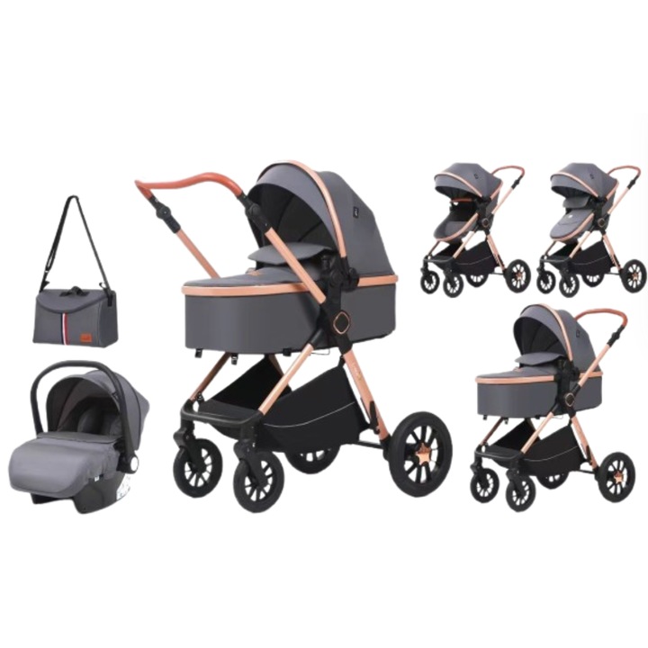 Детска количка, 3 в 1, с двойно окачване и реверсивна кошница, 0-36 месеца, двоен опорен елемент, реверсивна дръжка, Lux-T5, сива