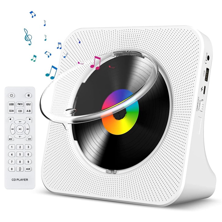 Многофункционален преносим CD плейър с дистанционно управление, Поддържа Bluetooth връзка, Axroad Mall, FM радио, Вградени HiFi високоговорители, USB/AUX, MP3, LCD екран, Type-c интерфейс, 3W, ABS, 169x169x39 mm, Бял